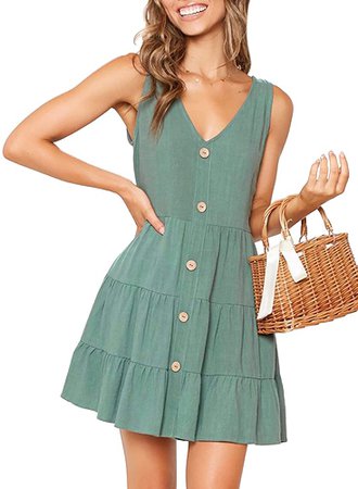 MITILLY Women's Summer Sleeveless V Neck Button Down Casual Pocket Swing Short Dress Small Light Green at Amazon Women’s Clothing store