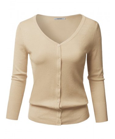 Women's Solid Button Down V-Neck 3/4 Sleeves Knit Cardigan | 03 Taupe