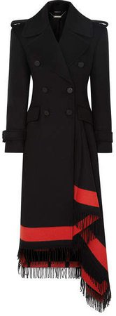 Asymmetric Fringed Wool-blend Double-breasted Coat - Black