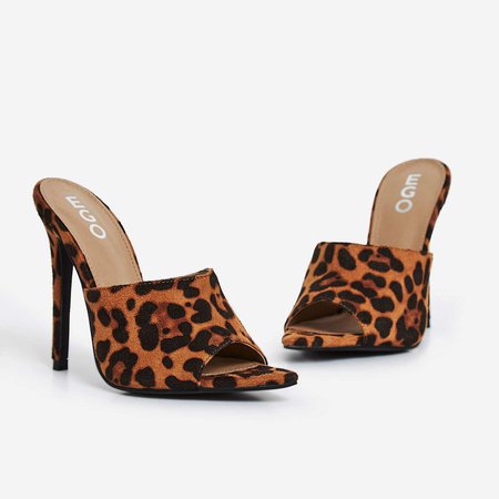 Zadie Pointed Peep Toe Heel Mule In Tan Leopard Print Faux Suede