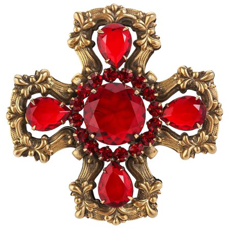 c.1940's Maltese Cross Brass Ruby Red Faceted Cut Glass Open Work Brooch Pin For Sale at 1stDibs | cross brooch, maltese cross brooch