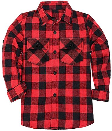 Amazon.com: SANGTREE Boys' Plaid Shirt, Long Sleeve Button Down Red Black Plaid Shirt with Pocket for Boy, Red Black Plaid, 9-10 Years = Tag 160: Clothing