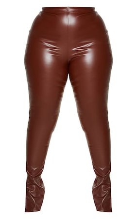 Plus Chocolate Brown Pu Split Hem Trousers | PrettyLittleThing USA