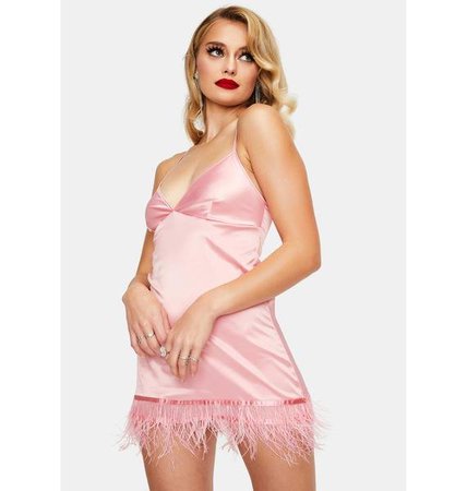 Roma Soft Satin Chemise With Ostrich Feather Trim - Light Pink | Dolls Kill