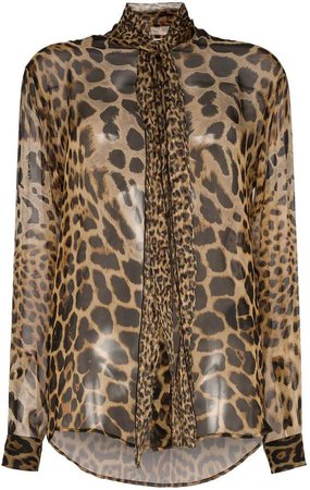 Leopard sheer silk tie neck blouse