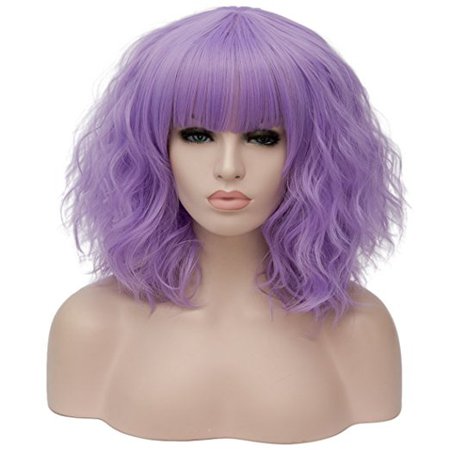 Alacos Fashion 35cm Short Curly Bob Anime Cosplay Wig Daily Party Christmas Halloween Synthetic Heat Resistant Wig for Women +Free Wig Cap (Purple)