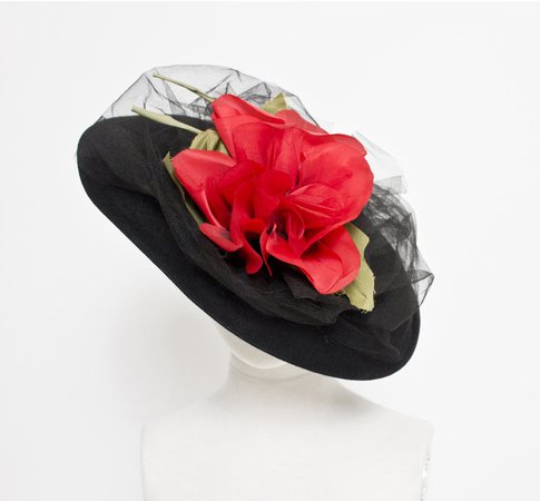 Vintage 40s Hat Wide Brim Black Wool Millinery Rose Floral | Etsy