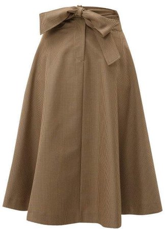 Tie Waist Houndstooth Wool Blend Skirt - Womens - Brown