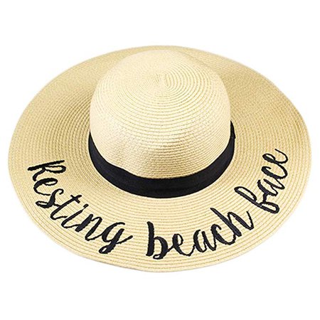 Me Plus Women Spring Summer Beach Paper Embroidered Lettering Floppy Hats (Resting Beach Face - Beige) at Amazon Women’s Clothing store