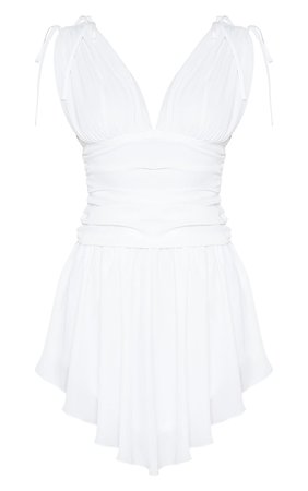 White Plunge Ruched Asymmetric Hem Shift Dress | PrettyLittleThing USA
