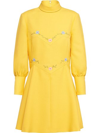 Miu Miu Floral Embroidery Flared Dress MF35241V7B Yellow | Farfetch