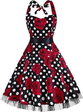 Amazon.com: oten Women's Vintage Polka Dot Halter Dress 1950s Floral Sping Retro Rockabilly Cocktail Swing Tea Dresses Rose : Clothing, Shoes & Jewelry