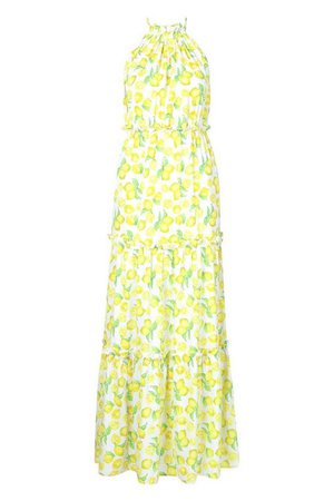 Woven Lemon Ruffle Halter Neck Maxi Dress | Boohoo yellow