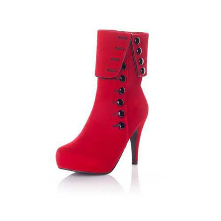 red heeled boot with black buttons