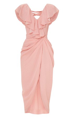 Pink Polka Dot Draped Lace Up Back Midi Dress | PrettyLittleThing USA