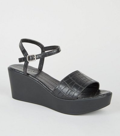 Black Faux Croc 2 Part Flatform Sandals | New Look