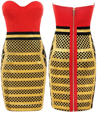 Sweetheart Colorblock Foil Bandage Dress Red Gold