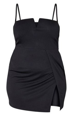 Plus Black Extreme Thigh Split Plunge Bodycon Dress | PrettyLittleThing