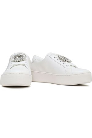 White Poppy embellished leather and canvas-paneled sneakers | Sale up to 70% off | THE OUTNET | MICHAEL MICHAEL KORS | THE OUTNET