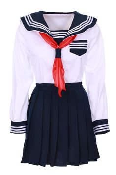White and dark blue Japanese schoolgirl outfit with red tie cosplay