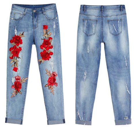 Fashion Floral Embroidered Distressed Jeans YV17015 | Youvimi