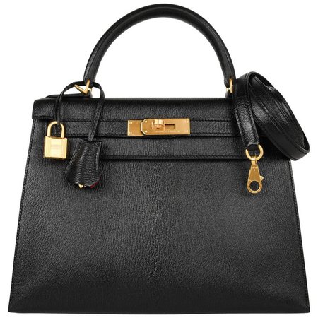 Hermes Kelly 28 Bag HSS Sellier Black Chevre Vermillion Interior Brushed Gold For Sale at 1stdibs