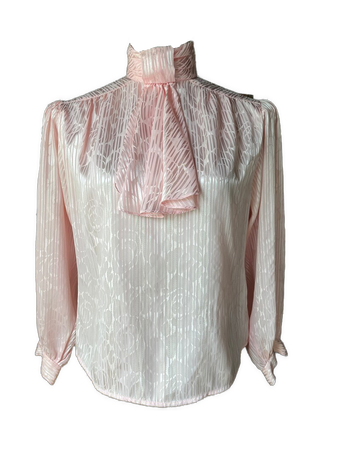 Vintage 80s Light Pink Jabot Collared Puff Sleeve Shirt / Retro 1980s Pale Pink Striped Jacquard Ruffle Collar Secretary Blouse / Miss Tee