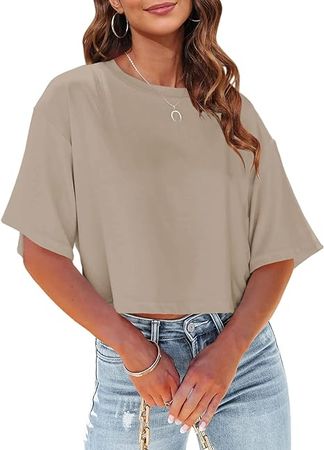 Tankaneo Women Half Sleeve Cropped T-Shirts Drop Shoulder Round Neck Crop Tops Casual Summer Solid Color Basic Tees at Amazon Women’s Clothing store
