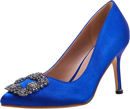 Amazon.com | Women's Stiletto High Heel Dress Pumps Classic Party Wedding Evening Pointed Toe Pump Shoes with Jewel Buckle Blue | Shoes