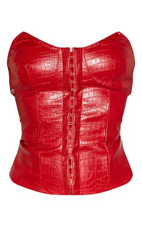 *clipped by @luci-her* Red Croc Pu Zip Front Corset | Tops | PrettyLittleThing USA
