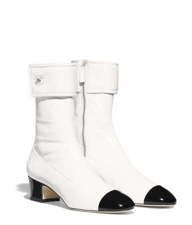 Ankle Boots, crumpled lambskin & patent calfskin, ivory & black - CHANEL