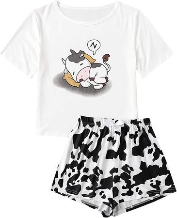 WDIRARA Women's Cartoon Cow Print Short Sleeve Tee and Shorts Pajama Set Multicolored XS at Amazon Women’s Clothing store