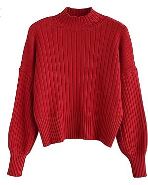 ZAFUL Women's Mock Neck Sweater Long Sleeve Ribbed Knit Basic Cropped Pullover Sweater (1-Red) at Amazon Women’s Clothing store
