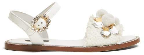 Crystal And Pompom Embellished Raffia Sandals - Womens - White