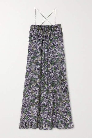 Ruffled Floral-print Twill Maxi Dress - Green