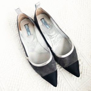 Prada Shoes | Prada Point Flats Suede Metalic W Rubber Toe | Poshmark