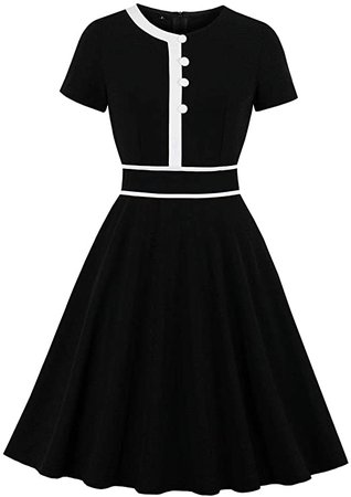 Wellwits Women's Black and White Color Block Button Office 40s Vintage Dress at Amazon Women’s Clothing store