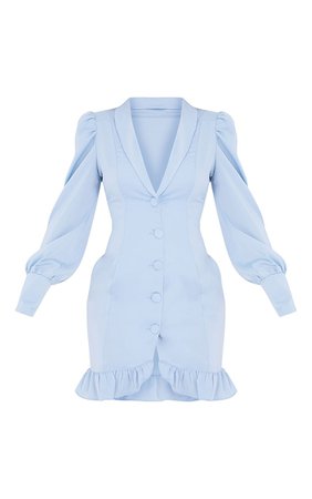 Baby Blue Button Cuff Frill Hem Blazer Dress | PrettyLittleThing USA
