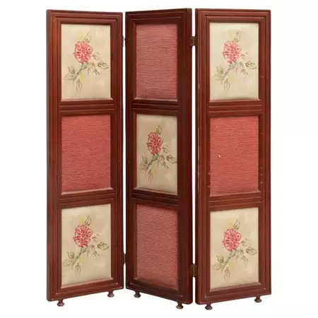 20th Century Wood and Hand Painted Fabric Folding Room Divider For Sale at 1stDibs