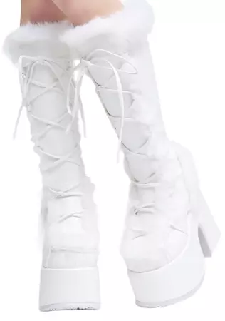 Demonia Faux Fur Knee High Boots - White – Dolls Kill