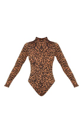 Tan Leopard Print Roll Neck Long Sleeve Bodysuit | PrettyLittleThing USA