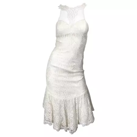 1980s Samir Ivory White Lace Handkerchief Hem Embroidered Vintage 80s Dress For Sale at 1stDibs