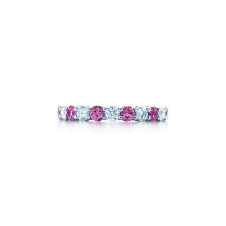 Tiffany Embrace® band ring in platinum with diamonds and pink sapphires. | Tiffany & Co.
