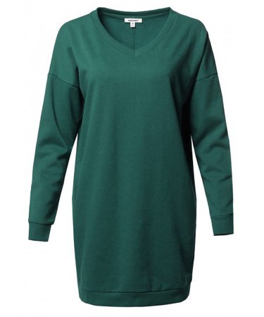 Women's Casual Over-sized Loose Fit V-neck Tunic Length Sweatshirts | 17 Hunter Green