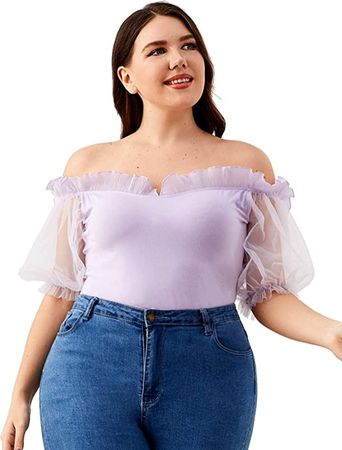 Floerns Women's Plus Size Off Shoulder Sheer Mesh Puff Short Sleeve Blouse Tops Purple Solid 1XL at Amazon Women’s Clothing store