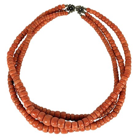 Rare Antique 3-Strand Coral Bead Necklace