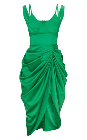 Green Satin Strap Detail Underwired Gathred Skirt Midi Dress | PrettyLittleThing USA