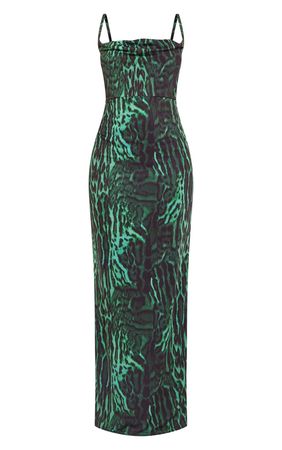 Green Animal Print Slinky Cowl Maxi Dress | PrettyLittleThing USA