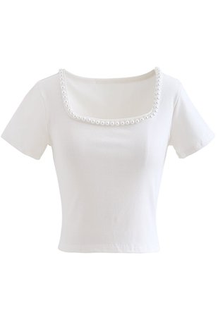 Pearls Decorated Fitted Crop Top in White - Retro, Indie and Unique Fashion