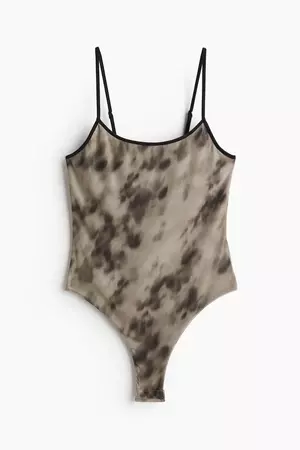 Mesh Thong Bodysuit - Low-cut Neckline - Sleeveless -Taupe/patterned -Ladies | H&M US
